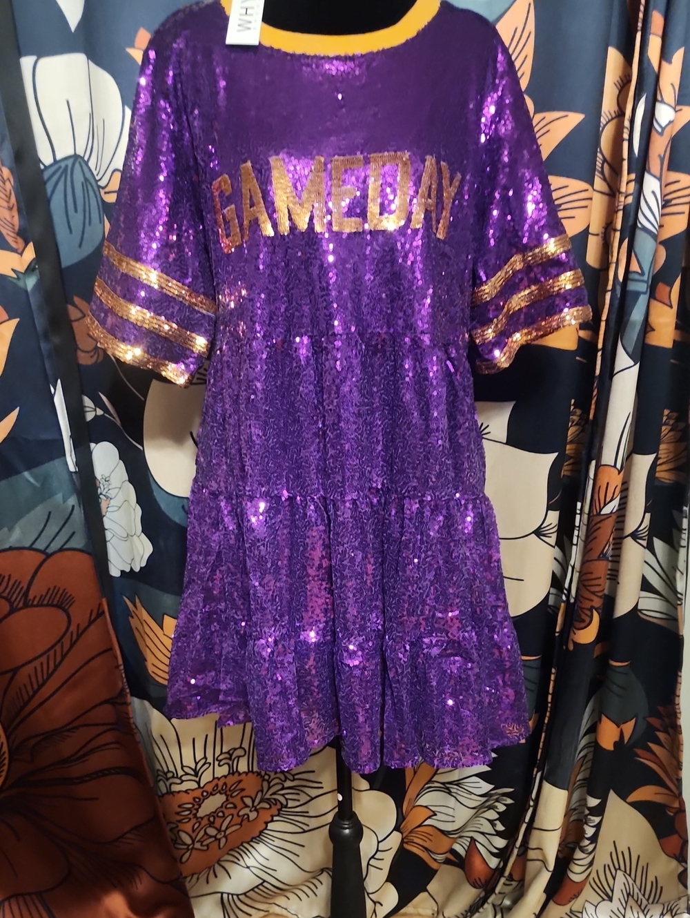 Purple Sequin Tiered Casual Dress with Gold 'GAMEDAY' Detail